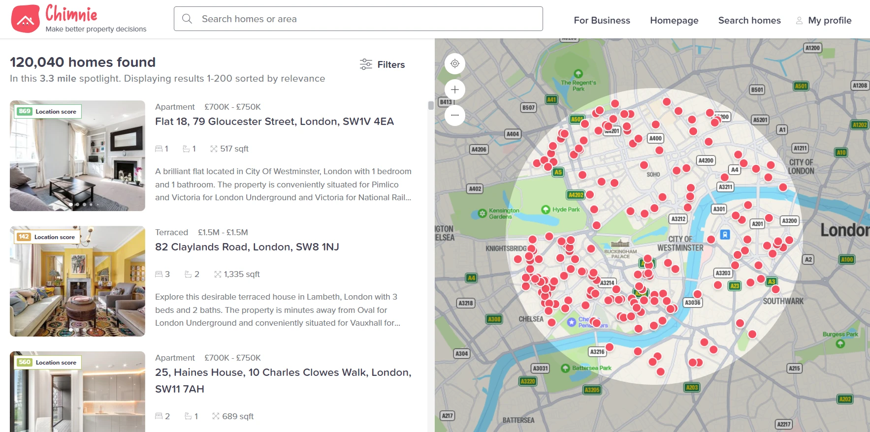chimnie.co.uk property search showing 120,040 homes found in London